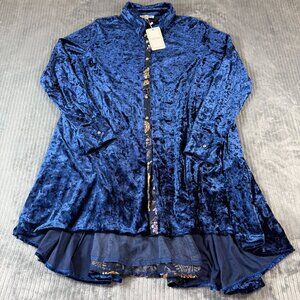 ADORE NWT Blue Crushed Velvet Button Tunic Burnout Paisley Foliage Large Boho